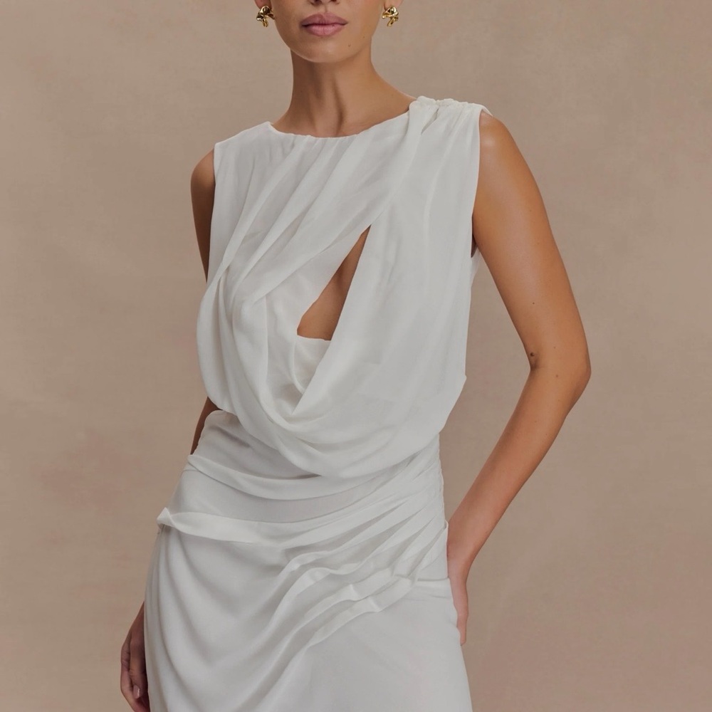 Meshki White Draped Strapless Evening Dress
